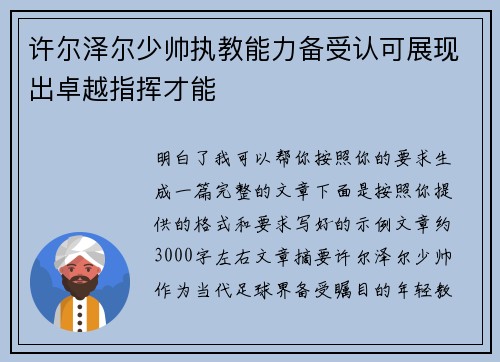 许尔泽尔少帅执教能力备受认可展现出卓越指挥才能